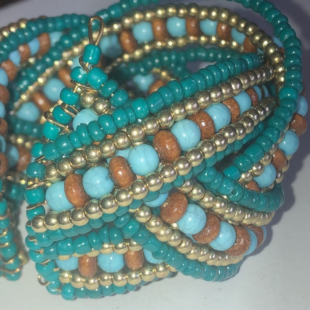 Teal & Tan Wooden Seed Bead Beaded Criss Cross Boho Cuff Bracelet - Picture 7 of 7